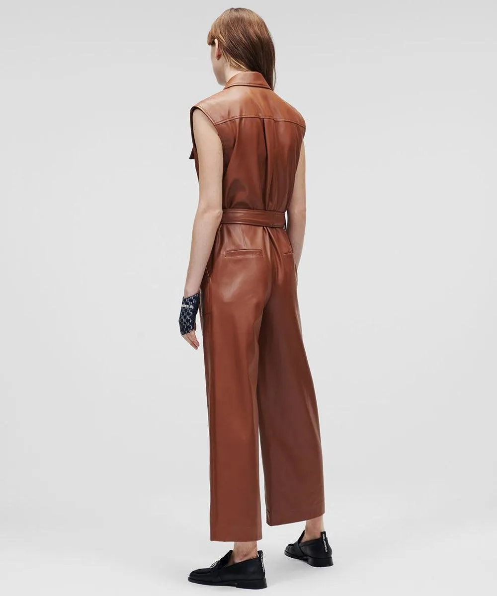 Brown Sleeveless Leather Jumpsuit