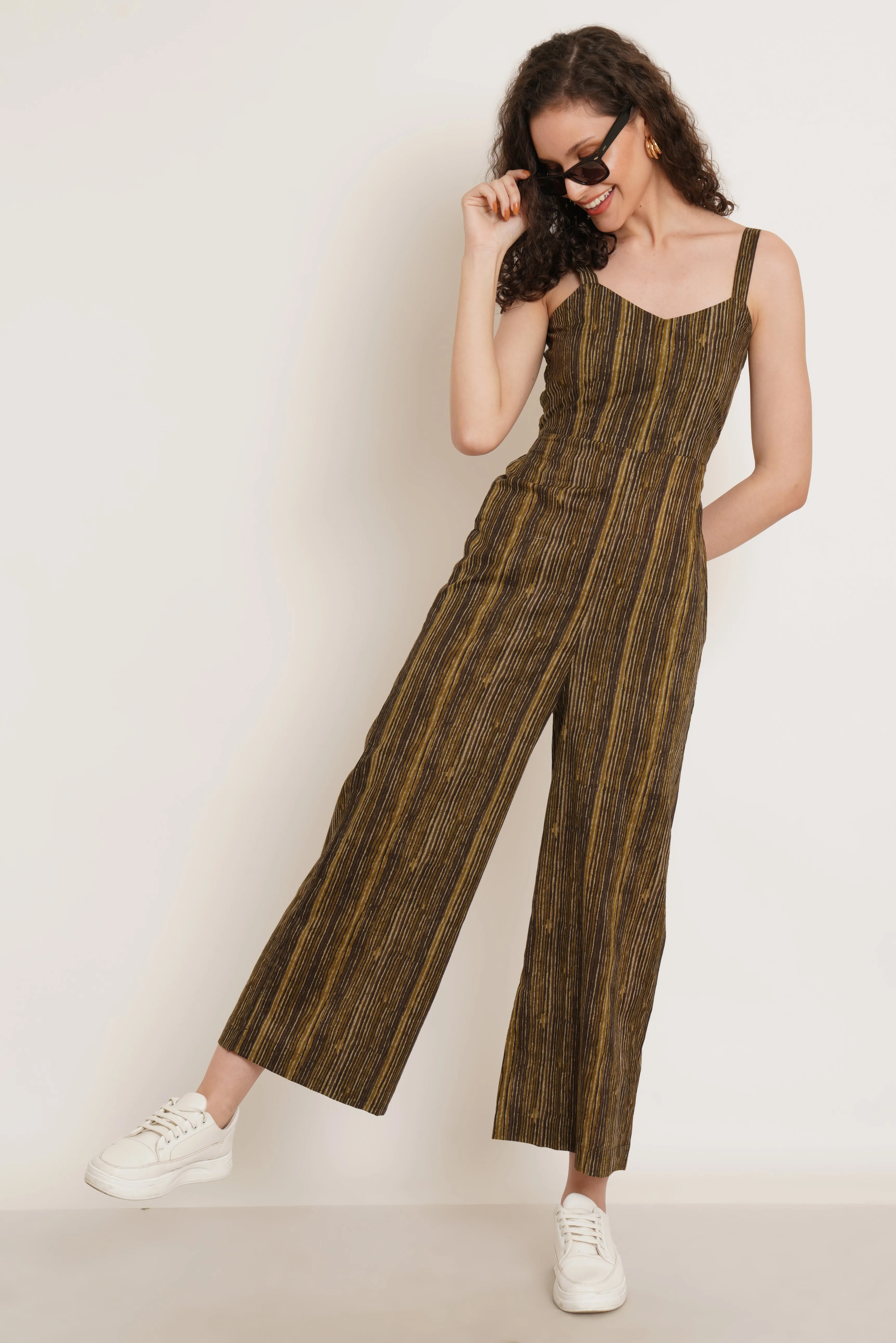 Brown Vertical Stripes Jumpsuit For Women