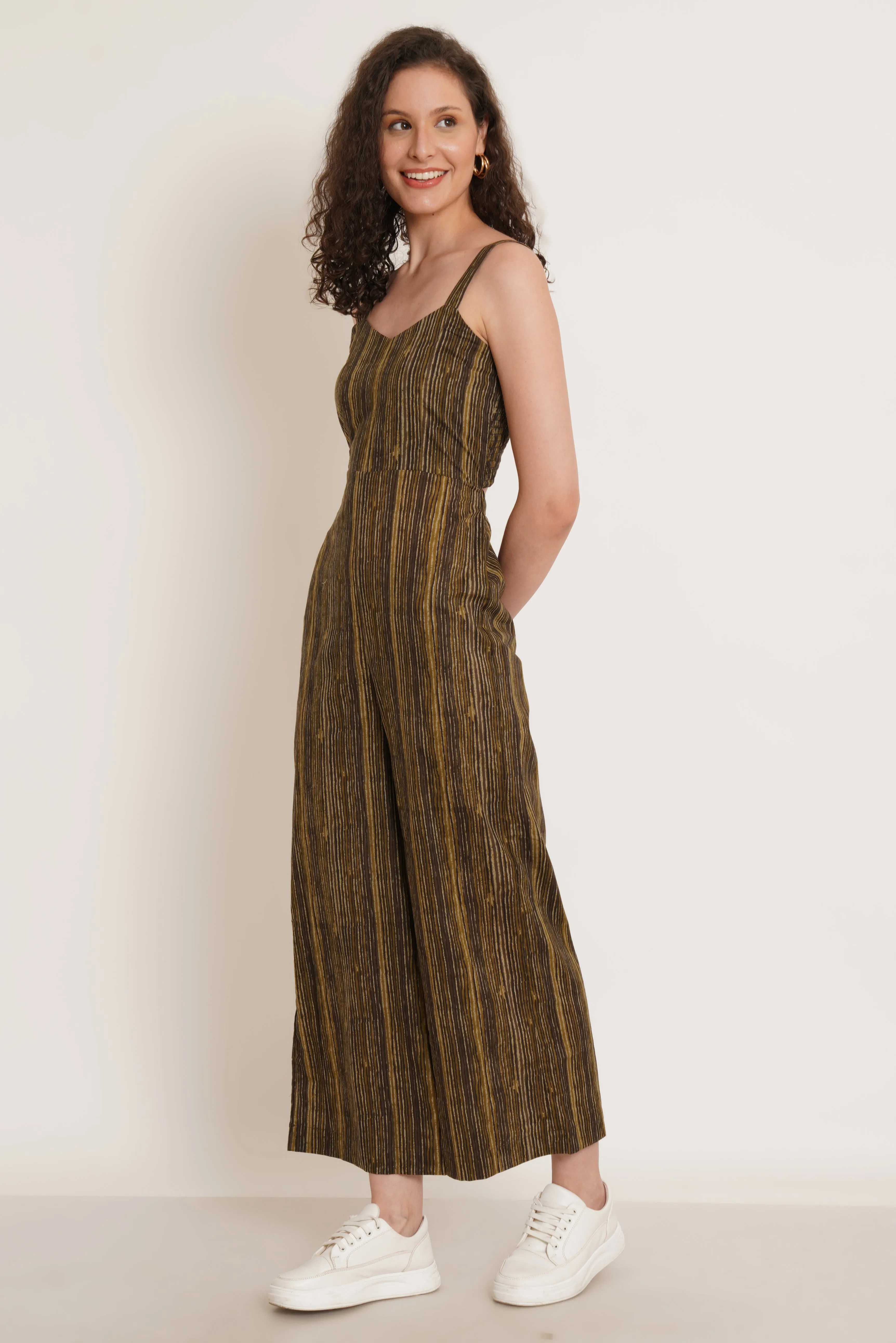 Brown Vertical Stripes Jumpsuit For Women