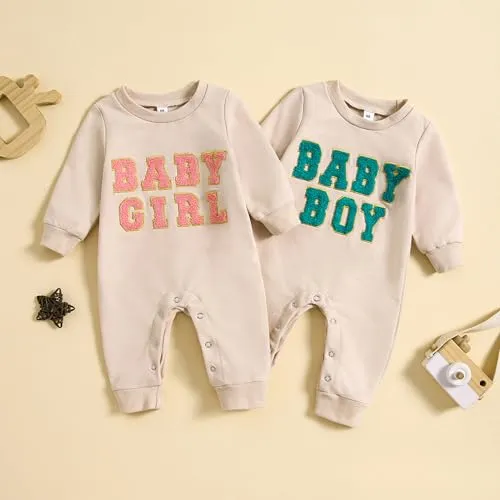 BULINGNA Baby Boy Girl Letters Embroidery Jumpsuit Long Sleeve Onesie Romper Playsuit Fall Winter One Piece Clothes (Pink, 3-6 Months)