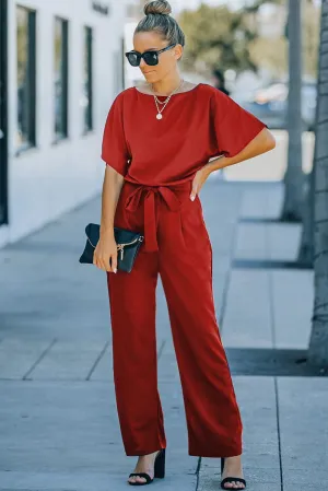 Burning Red Belted Wide-Leg Jumpsuit