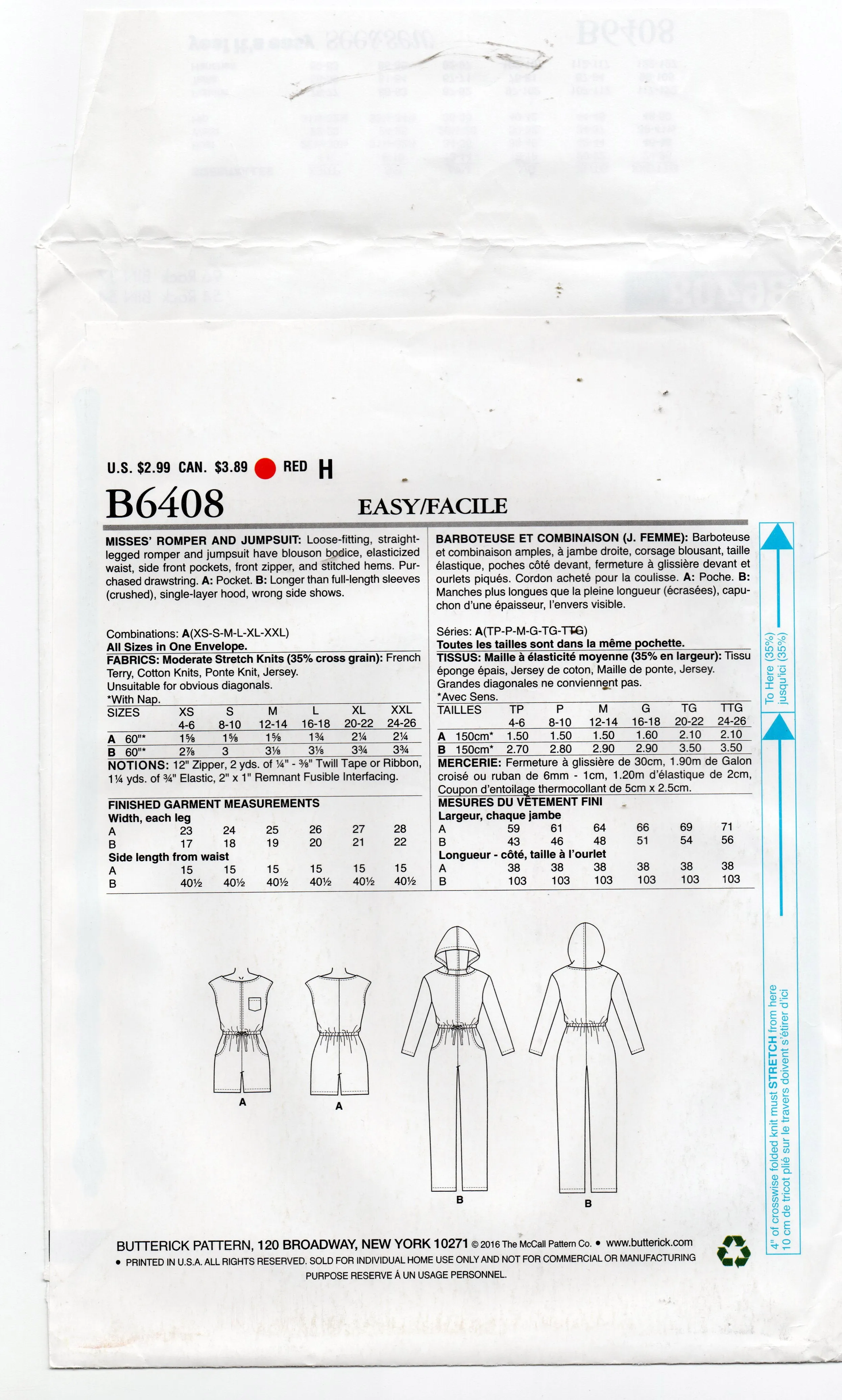 Butterick See & Sew B6408 Womens EASY Long or Short Zip Front Stretch Jumpsuit Out Of Print Sewing Pattern Size XS - XXL UNCUT Factory Folded