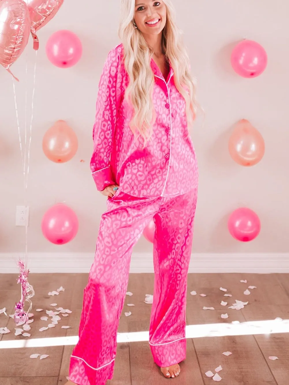 Button-Down Satin Pajama Set in Pink Leopard