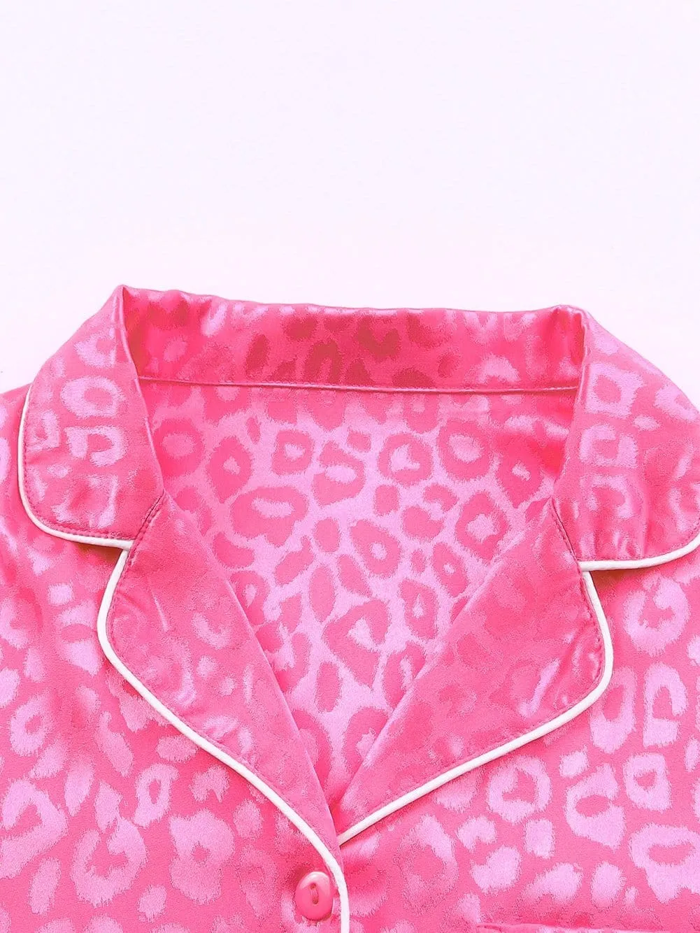 Button-Down Satin Pajama Set in Pink Leopard