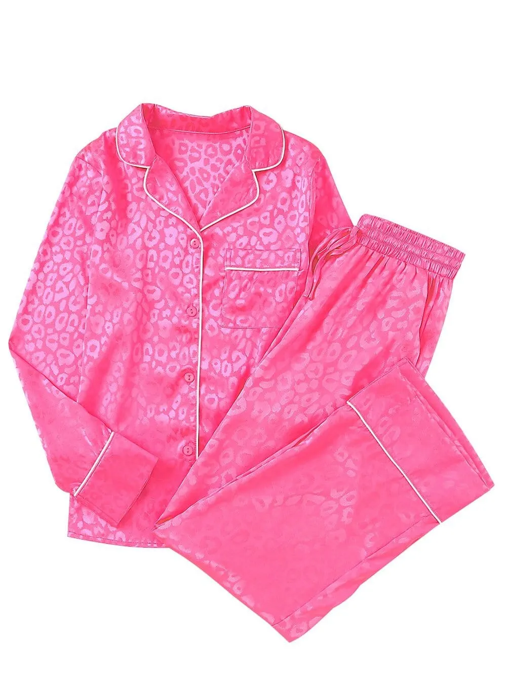 Button-Down Satin Pajama Set in Pink Leopard