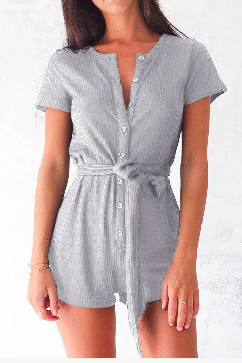 Buttons Scoop Short Sleeves Strap Belt Romper