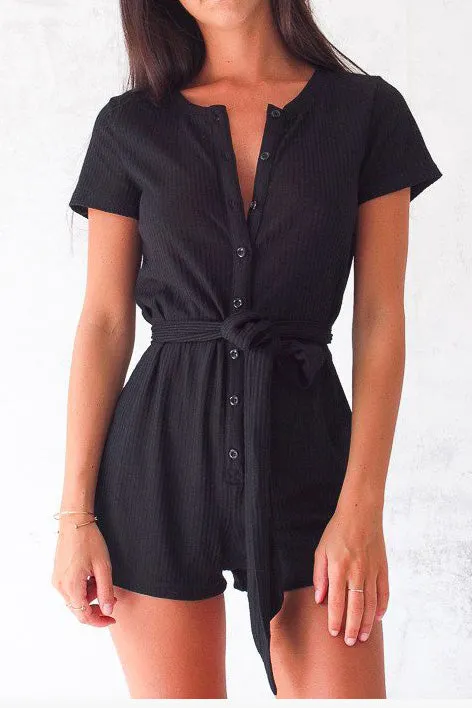 Buttons Scoop Short Sleeves Strap Belt Romper