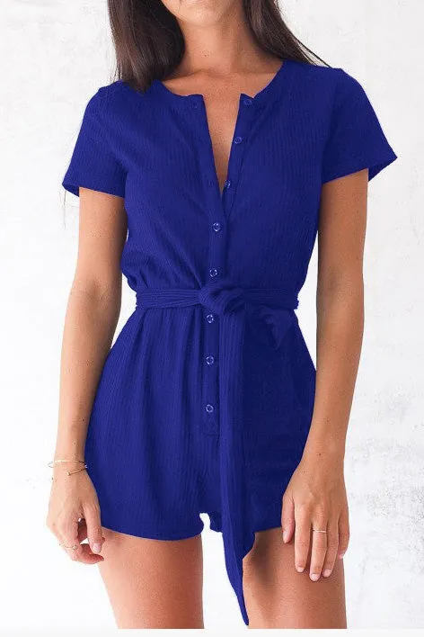 Buttons Scoop Short Sleeves Strap Belt Romper