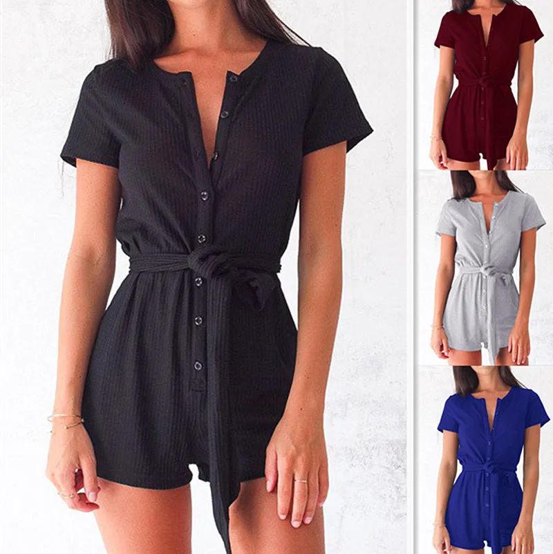 Buttons Scoop Short Sleeves Strap Belt Romper