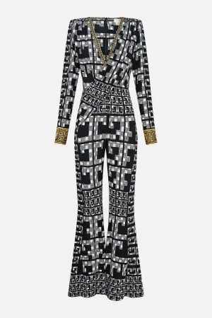 CAMILLA READ MY GLYPHS DRAPED V NECK JERSEY FLARED JUMPSUIT