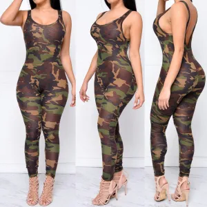 Camouflage Spaghetti Strap Backless Long Slim Jumpsuit