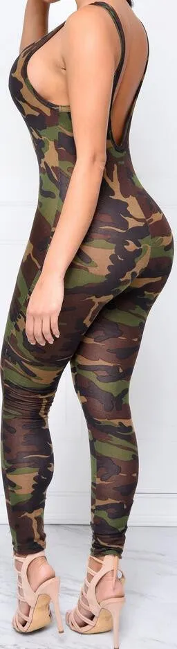 Camouflage Spaghetti Strap Backless Long Slim Jumpsuit