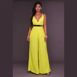 Candy Color Spaghetti Straps V-neck High Waist Long Wide Legs Jumpsuit