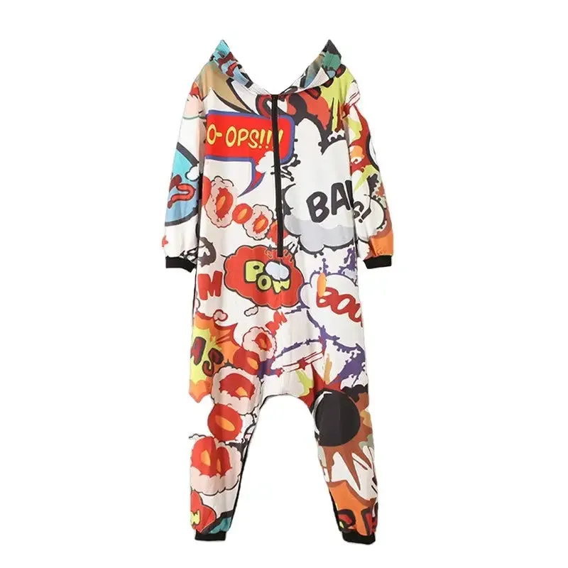 Cartoon Letters Hooded One-piece Loose Jumpsuit