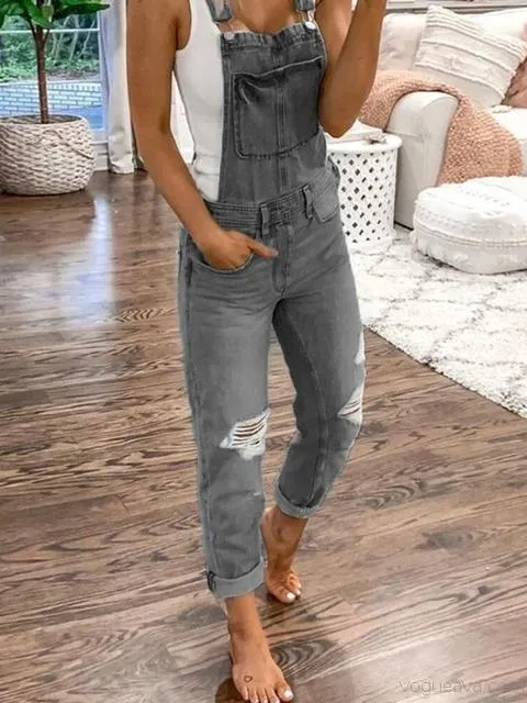 Casual Plain Denim Ripped Jumpsuit