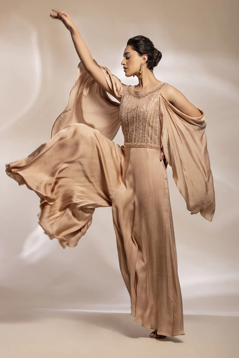 Champaign Gold Jumpsuit With Embroidered Bodice And Draped Sleeves.