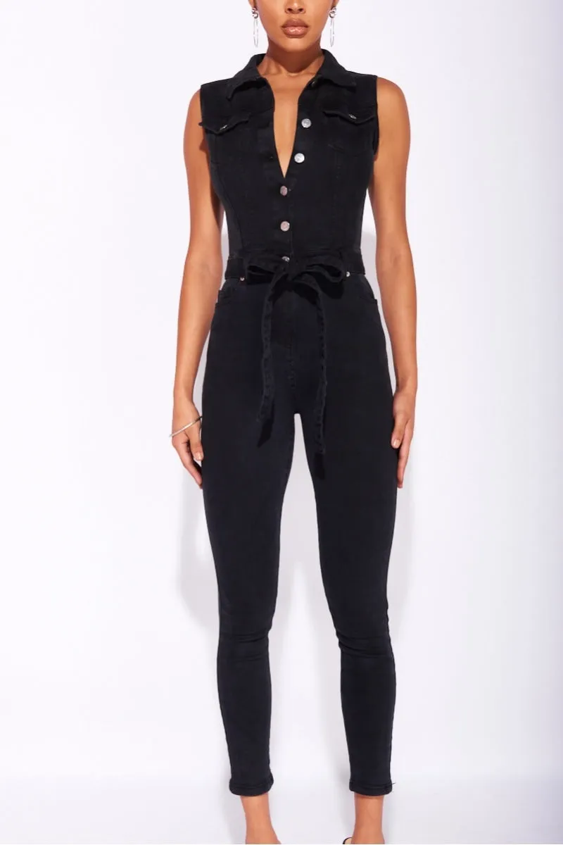 Charcoal Sleeveless Belted Denim Jumpsuit