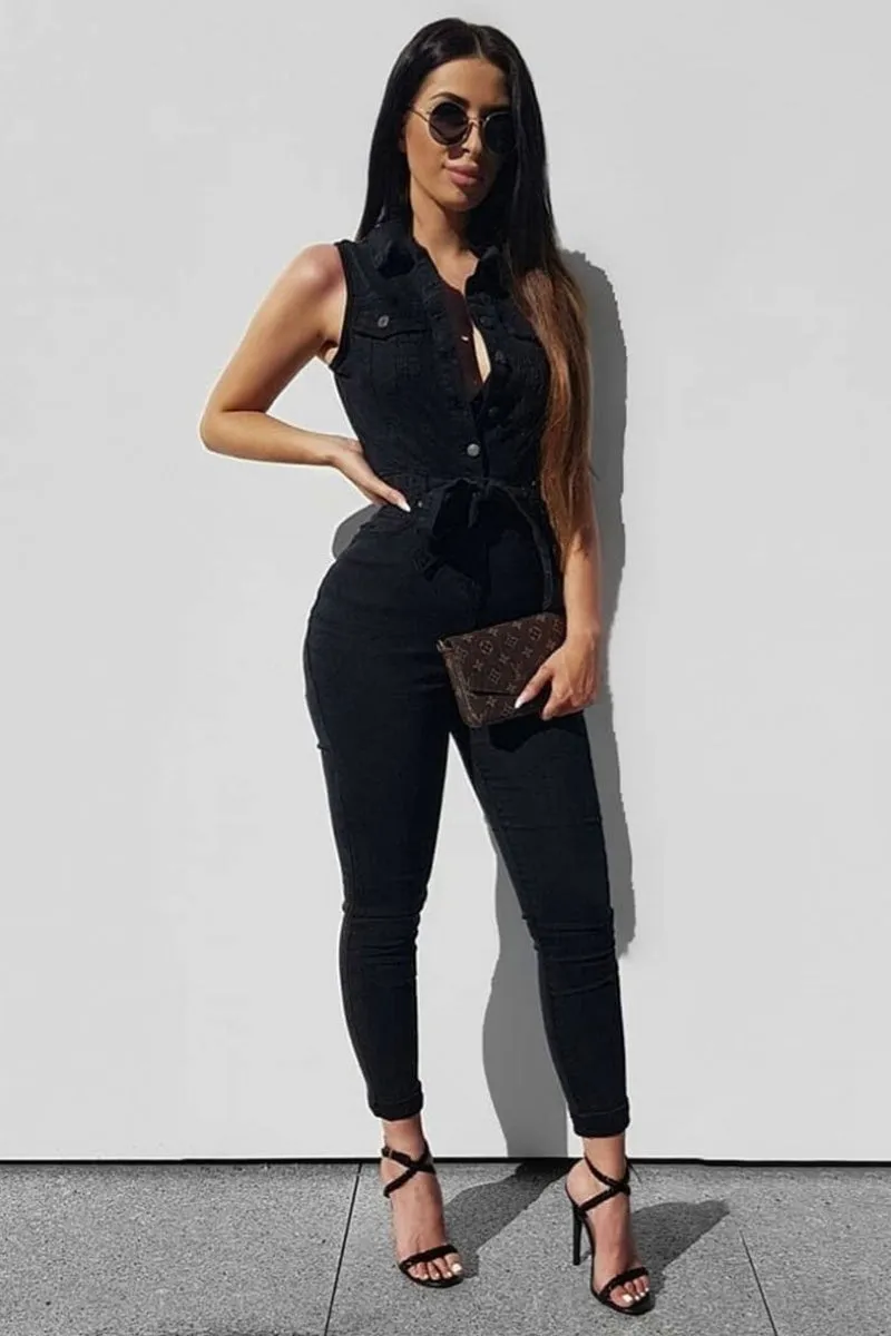 Charcoal Sleeveless Belted Denim Jumpsuit