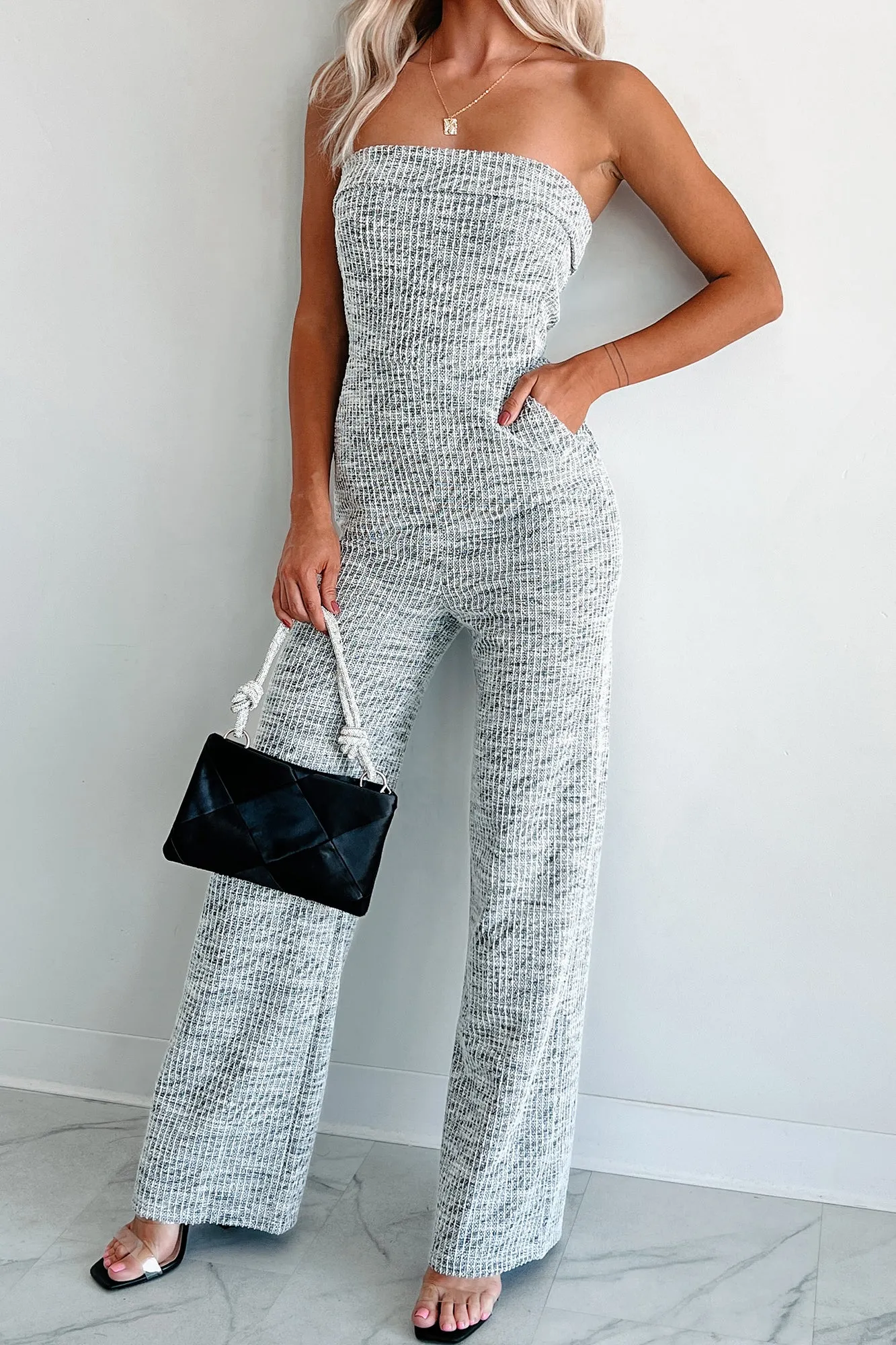 Chic Composure Strapless Tweed Jumpsuit (Black/White)