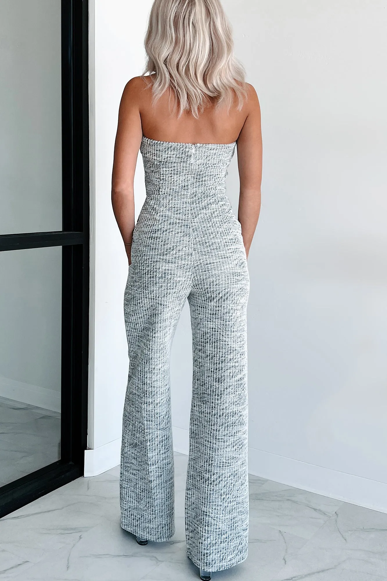 Chic Composure Strapless Tweed Jumpsuit (Black/White)