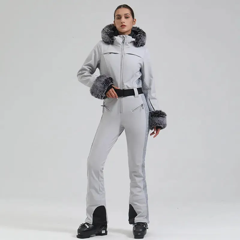 Chic Faux-Fur Hood One-piece Snowsuits Slim Fit Ski Jumpsuits