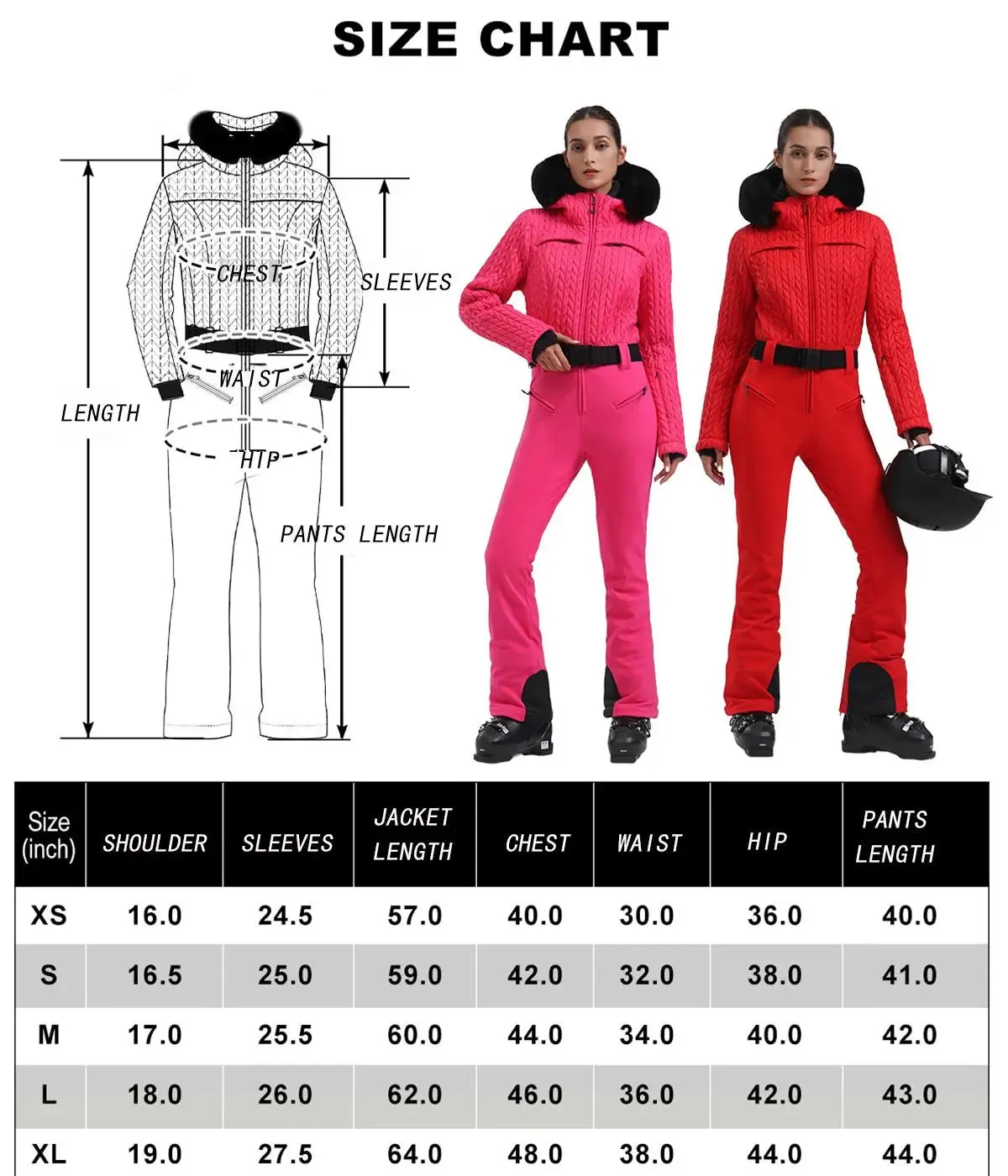 Chic Faux-Fur Hood One-piece Snowsuits Slim Fit Ski Jumpsuits