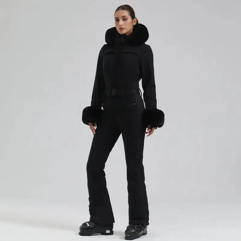 Chic Faux-Fur Hood One-piece Snowsuits Slim Fit Ski Jumpsuits