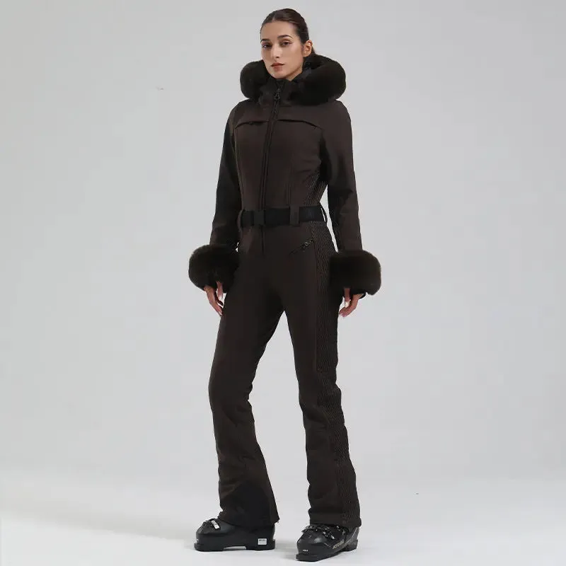 Chic Faux-Fur Hood One-piece Snowsuits Slim Fit Ski Jumpsuits