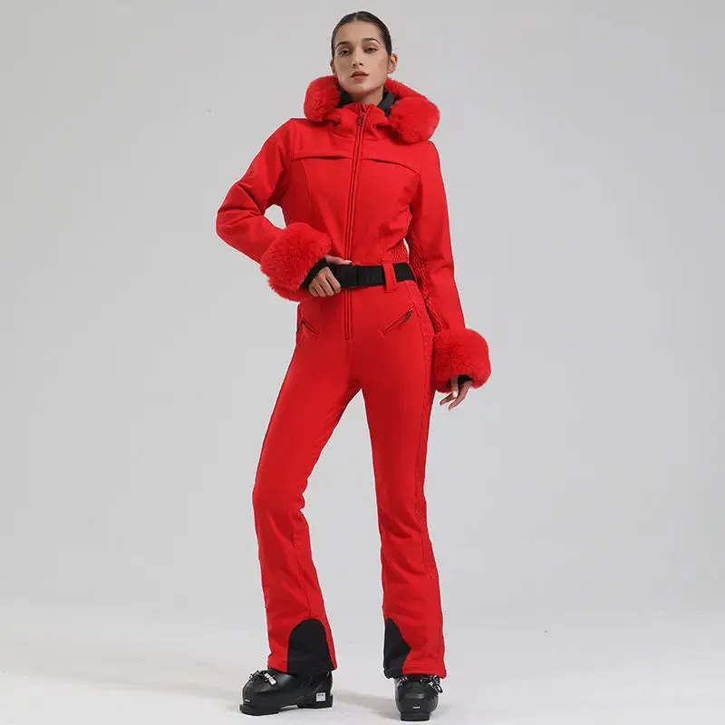 Chic Faux-Fur Hood One-piece Snowsuits Slim Fit Ski Jumpsuits