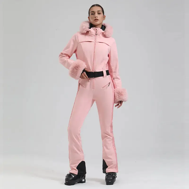 Chic Faux-Fur Hood One-piece Snowsuits Slim Fit Ski Jumpsuits