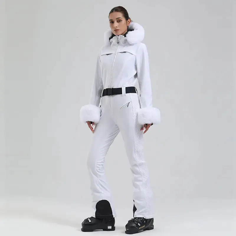 Chic Faux-Fur Hood One-piece Snowsuits Slim Fit Ski Jumpsuits