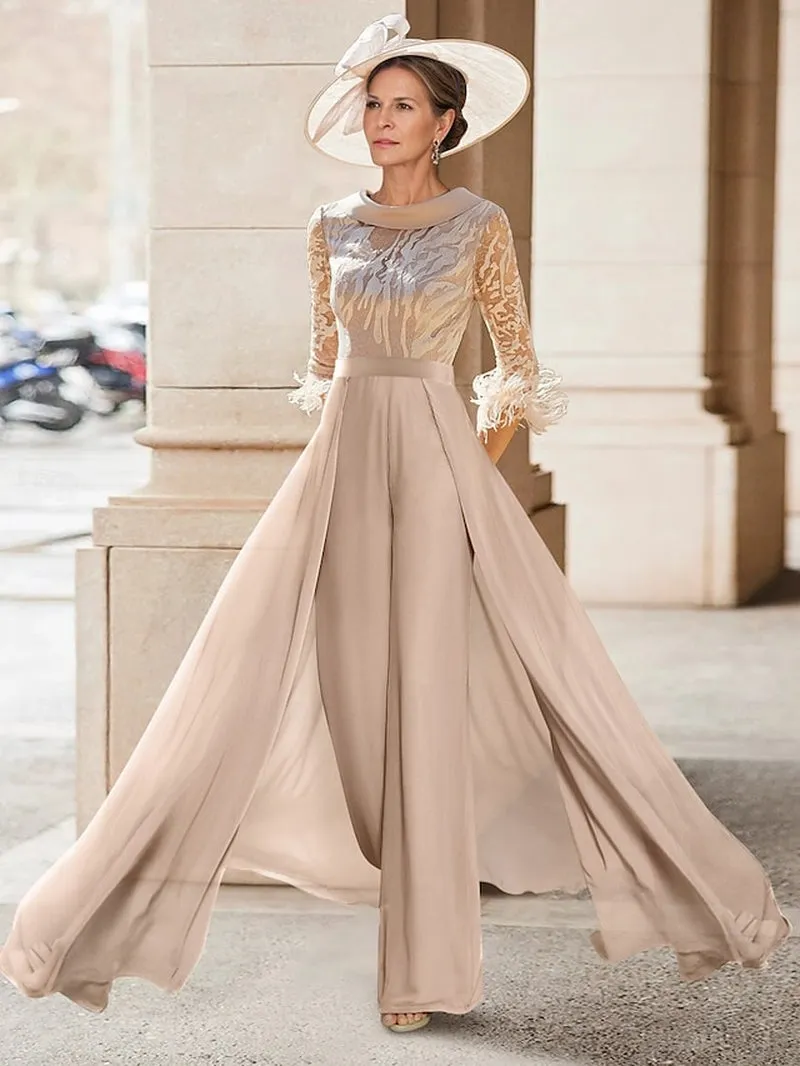 Chic Vintage-Inspired Jumpsuit for Mother of the Bride - Elegant Beach Wedding Attire with Feathered Sequin Accents