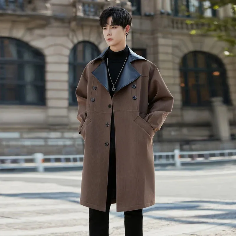 Chicmy-Autumn New High Quality Trench Coat Men's Patchwork Turn-down Collar Medium Long Trenchcoat Korean Fashion Male Windbreaker