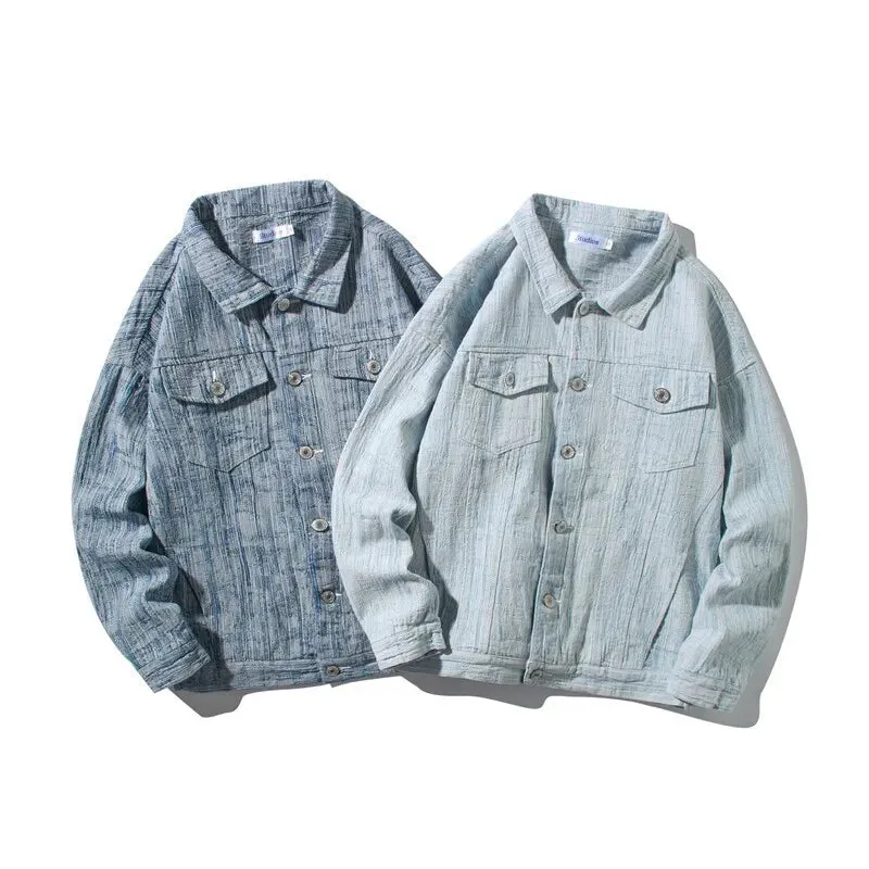 Chicmy-Spring Men Lapel Denim Coat Jacquard patter Fashion Washed denim jacket Motorcycle Jeans Jacket Hommes loose Cotton Casual Coats