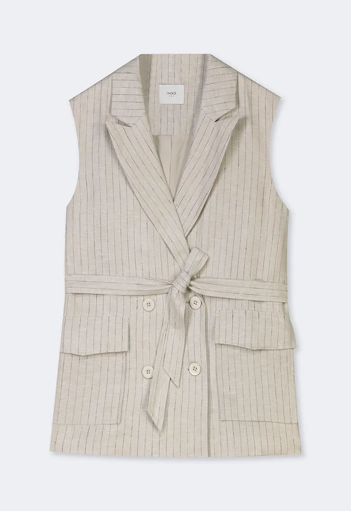 Choice Striped Sleeveless Belted Gilet Beige