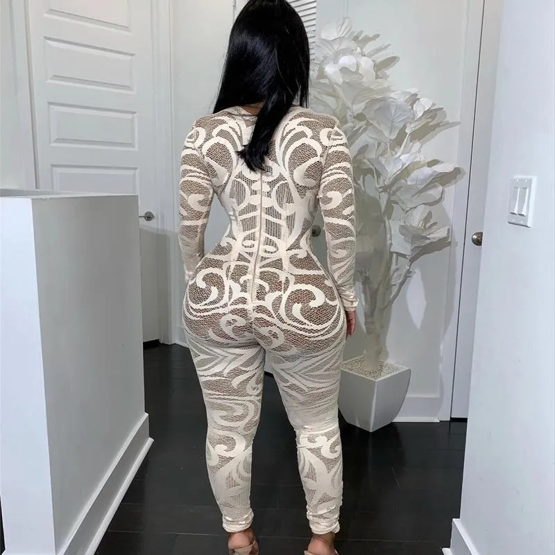 Clearance White Long Sleeves Bodycon Sheer Print Jumpsuits