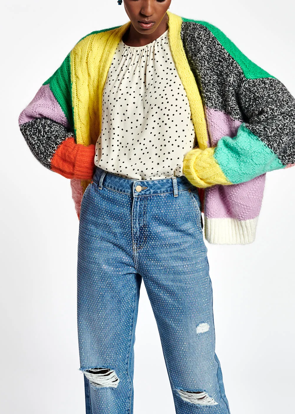 Colorful patchwork knit cardigan