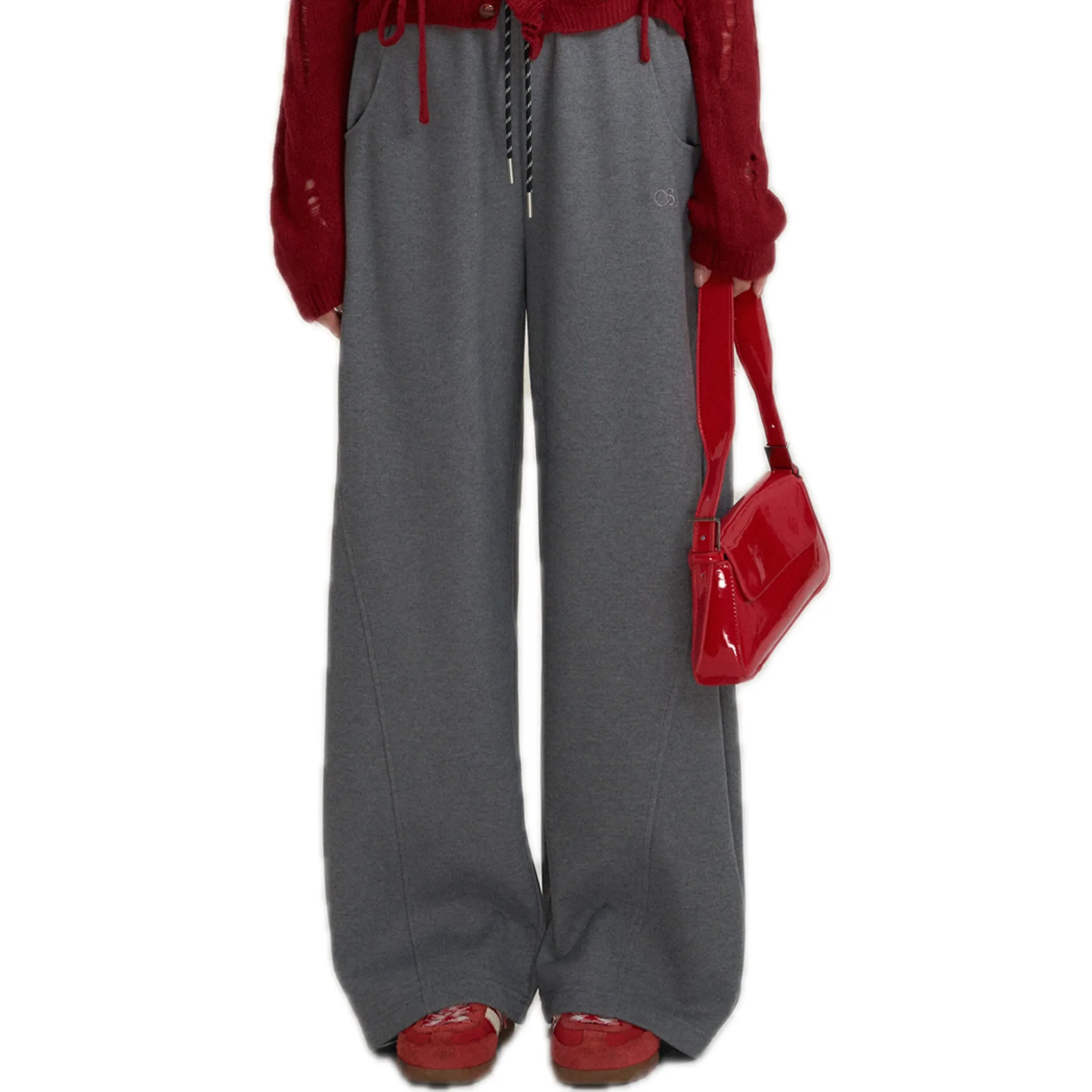 Contrast Drawstring Wide-leg Pants In Gray