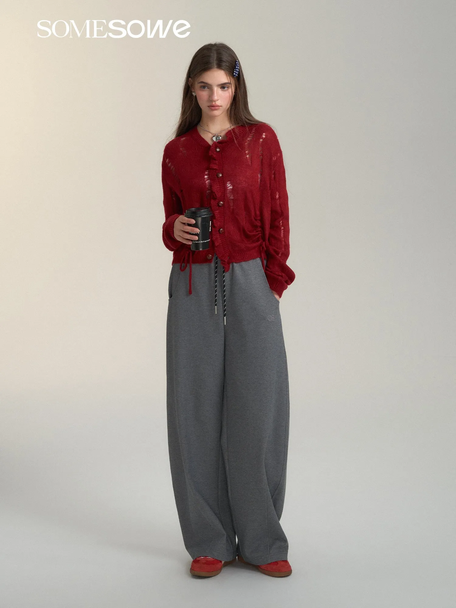 Contrast Drawstring Wide-leg Pants In Gray