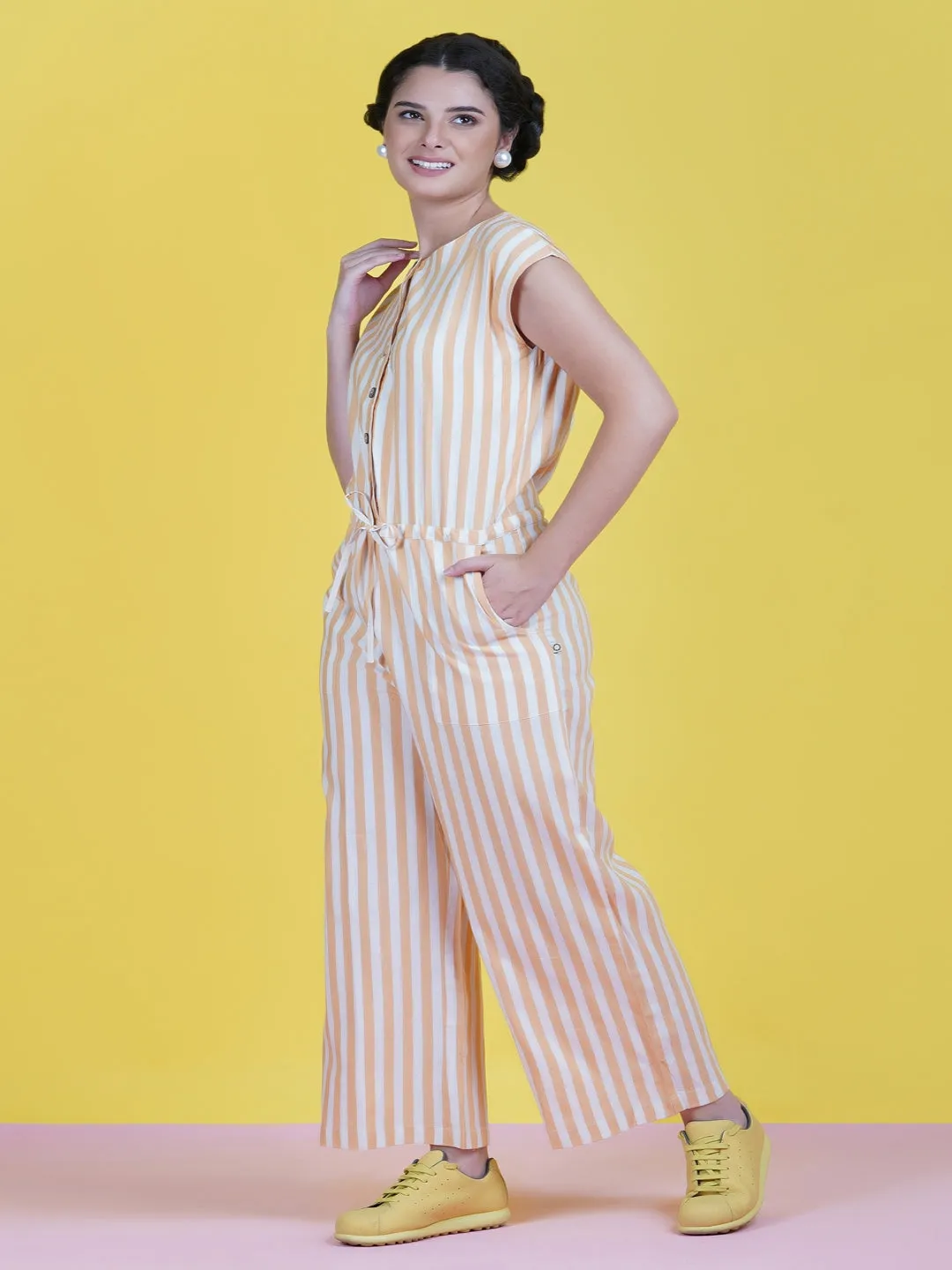 Cotton Yellow Stripe Buttoned Front Jumpsuit