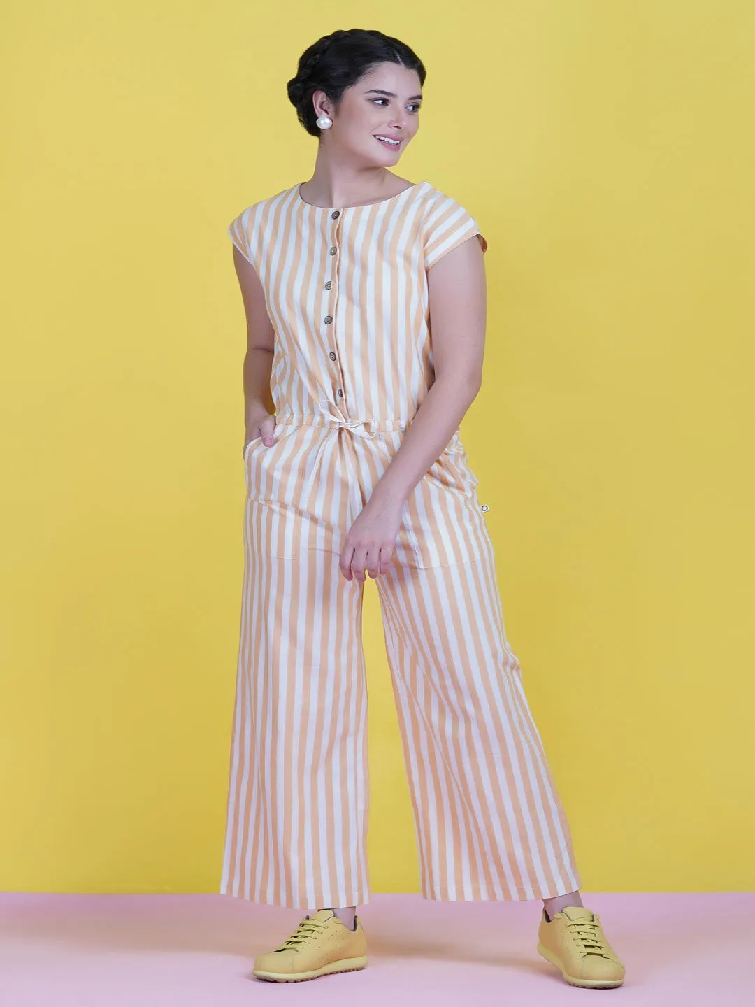 Cotton Yellow Stripe Buttoned Front Jumpsuit