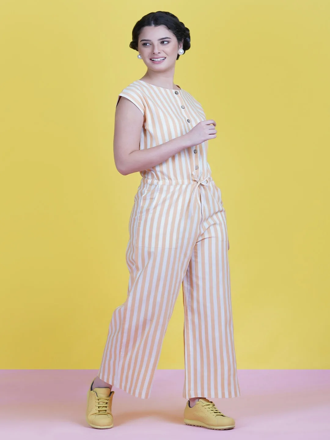 Cotton Yellow Stripe Buttoned Front Jumpsuit