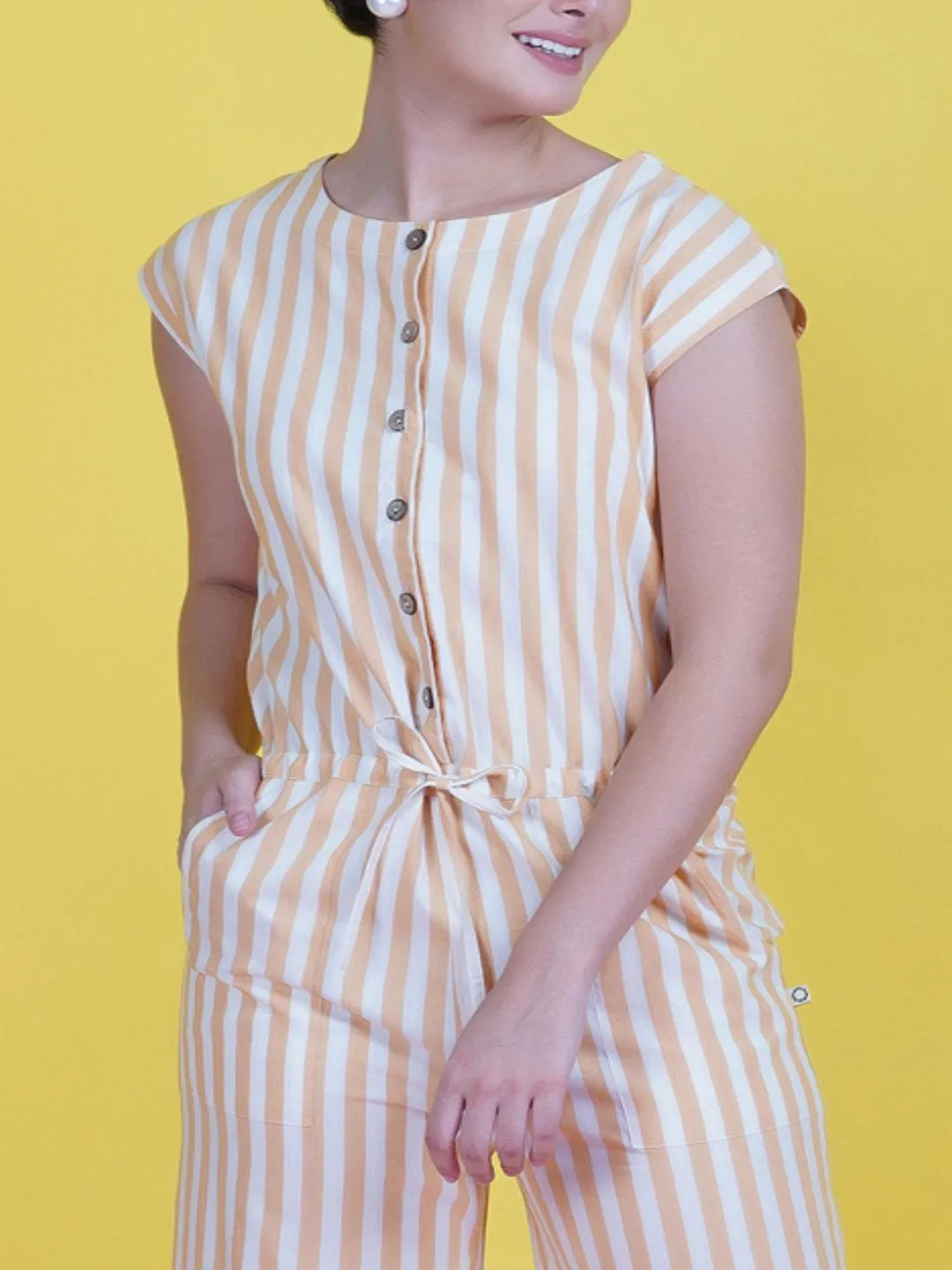 Cotton Yellow Stripe Buttoned Front Jumpsuit