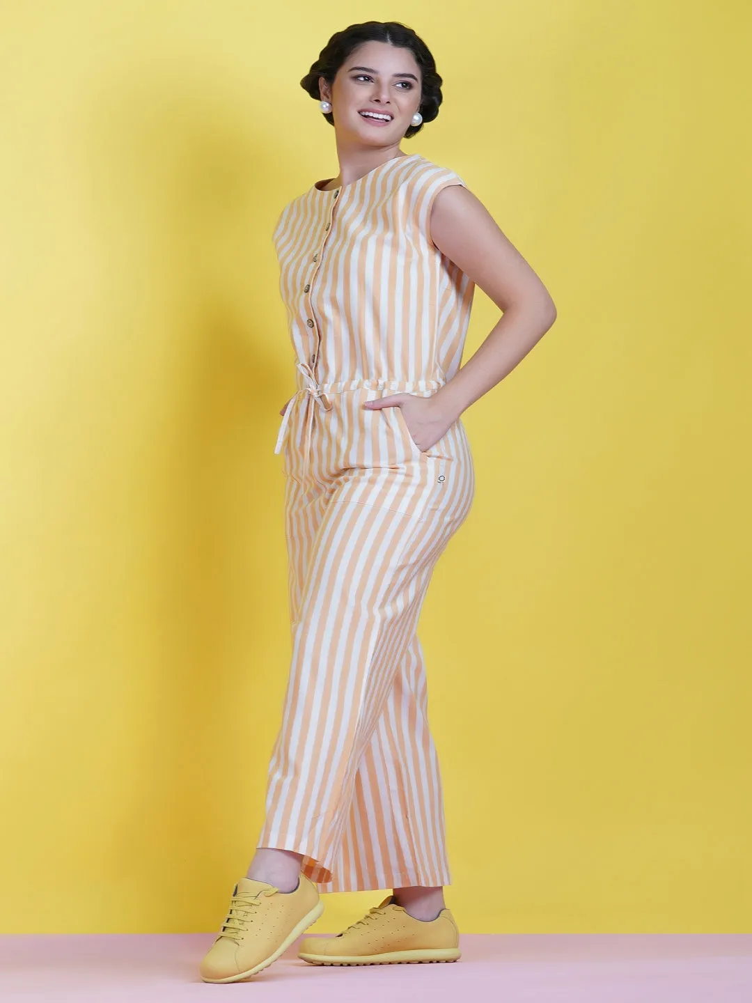 Cotton Yellow Stripe Buttoned Front Jumpsuit