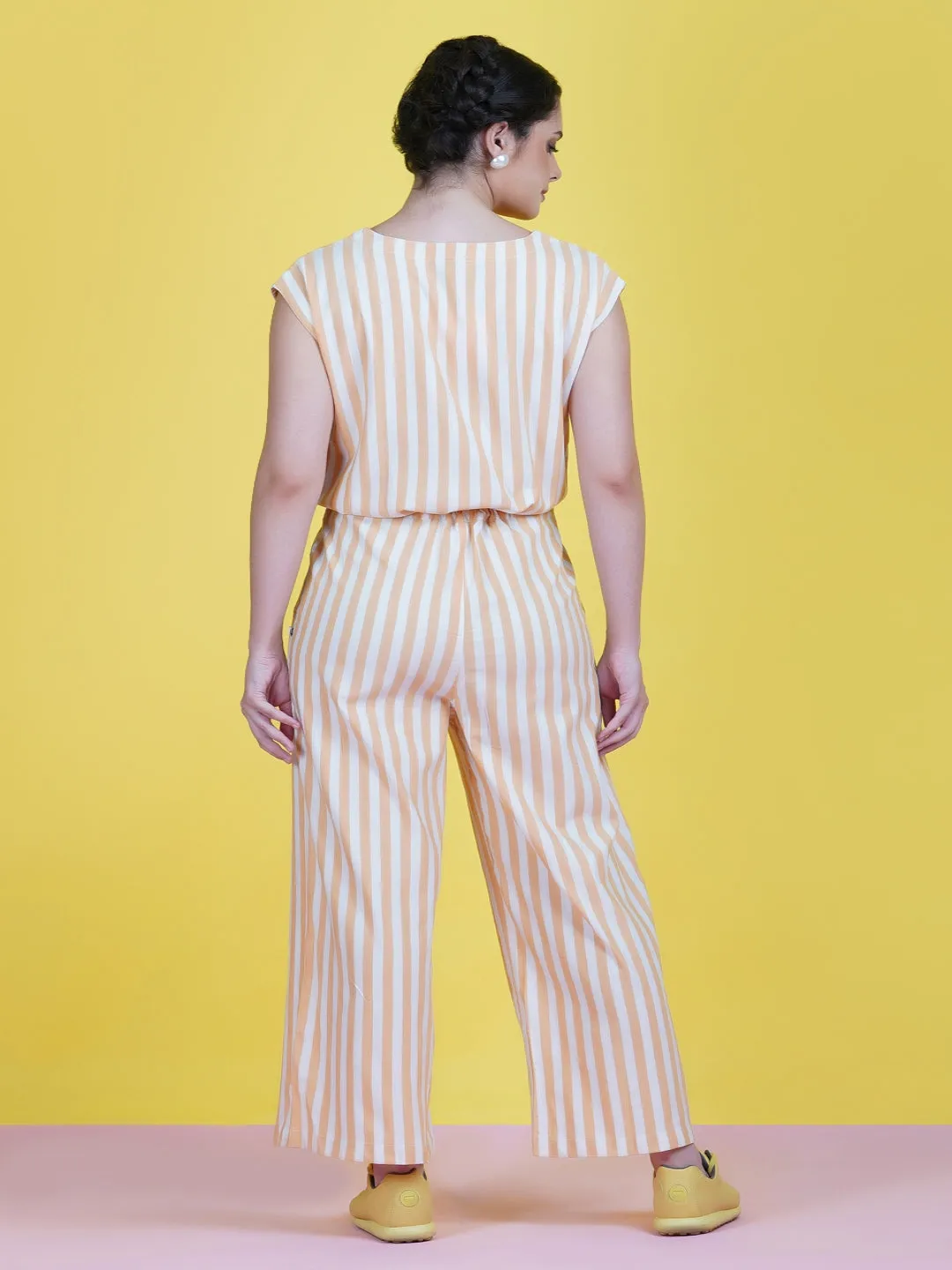 Cotton Yellow Stripe Buttoned Front Jumpsuit