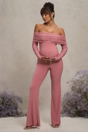 Count Down | Blush Pink Maternity Ruched Mesh Bardot Jumpsuit