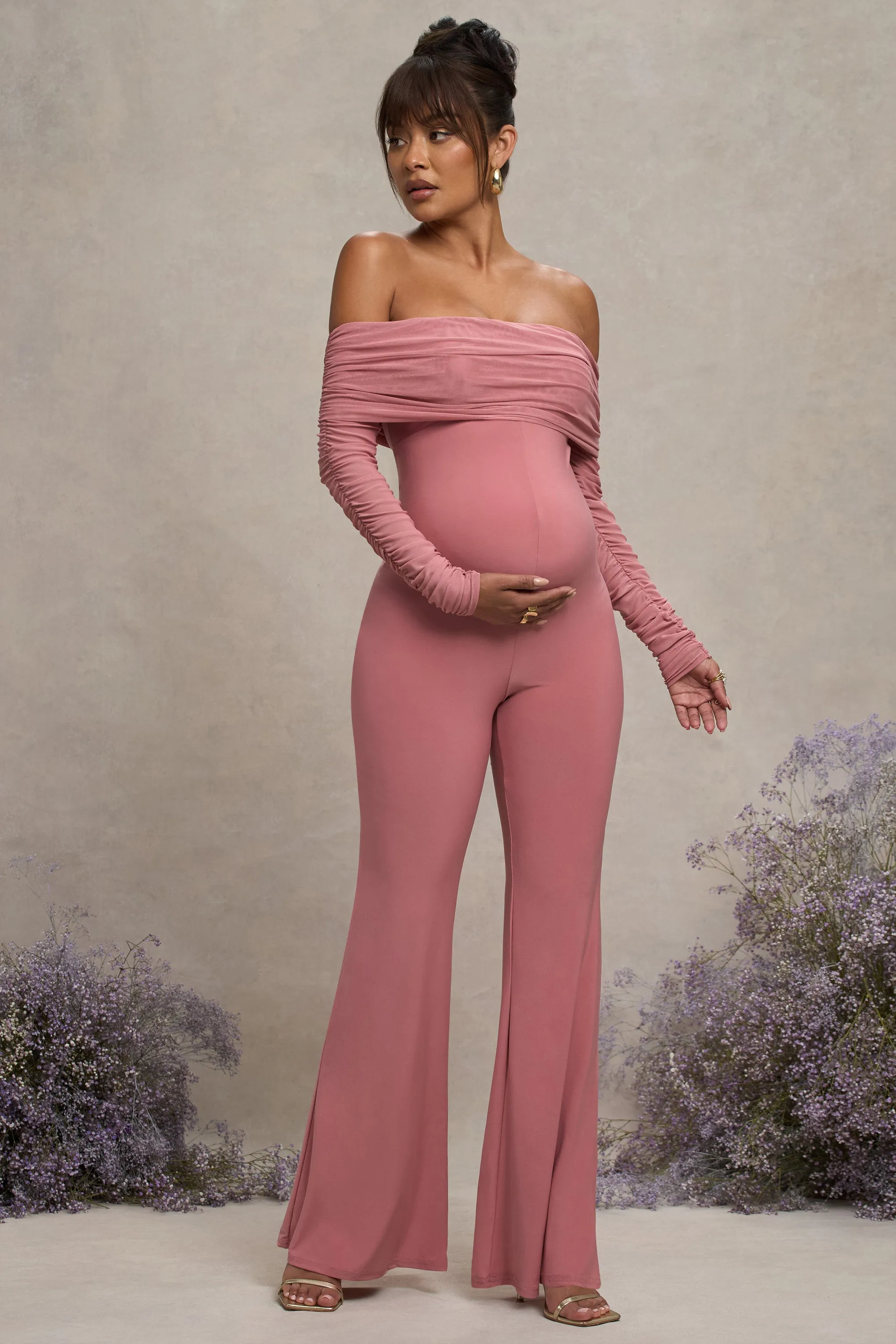 Count Down | Blush Pink Maternity Ruched Mesh Bardot Jumpsuit