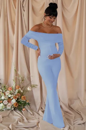 Count Down | Powder Blue Maternity Ruched Mesh Bardot Jumpsuit