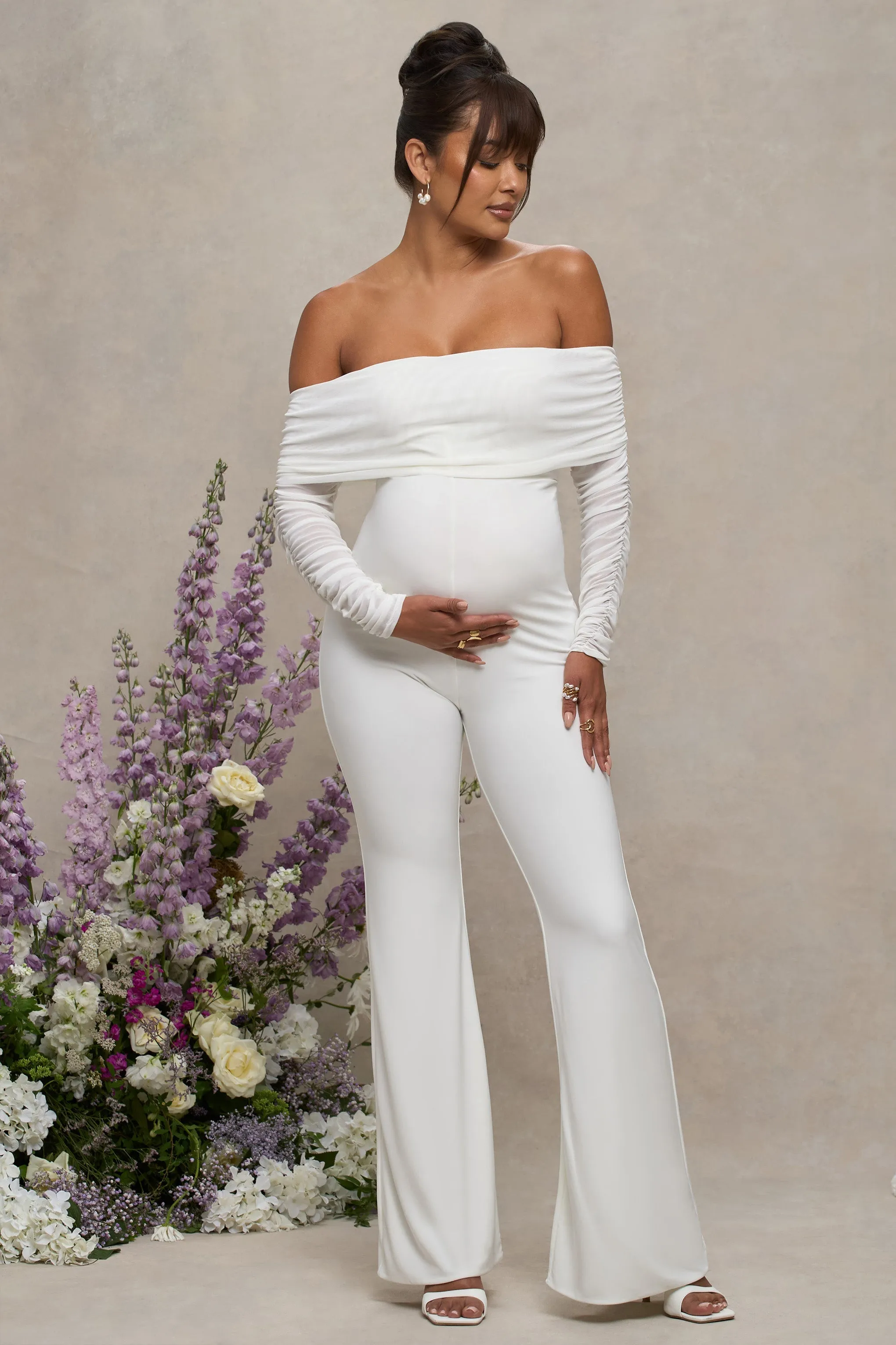 Count Down | White Maternity Ruched Mesh Bardot Jumpsuit