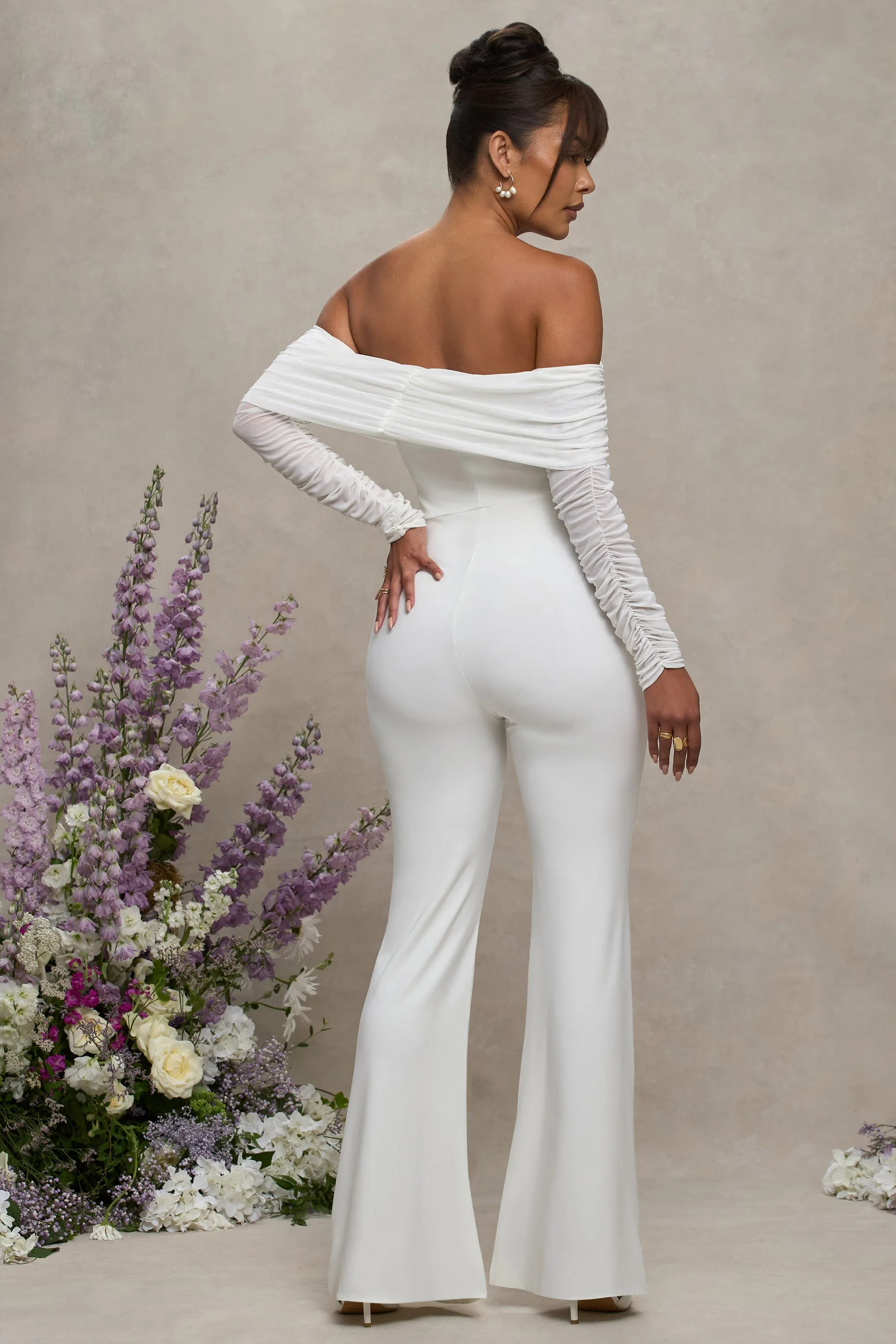 Count Down | White Maternity Ruched Mesh Bardot Jumpsuit